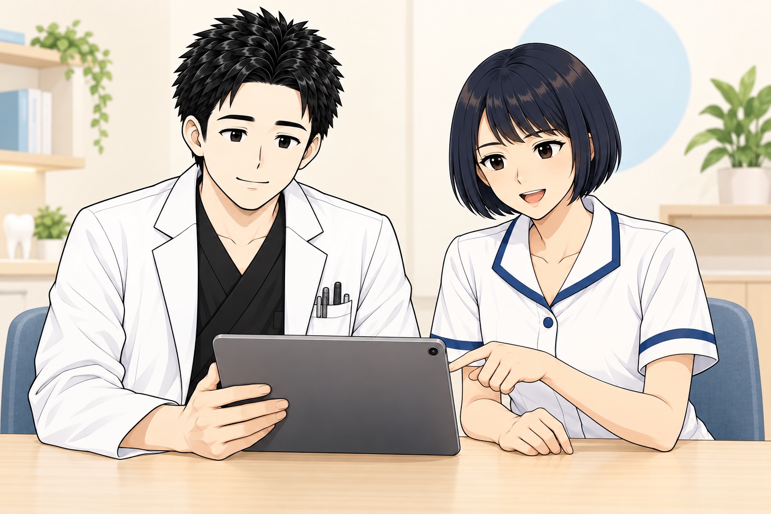 タブレットで相談内容を確認する林先生と明子先生